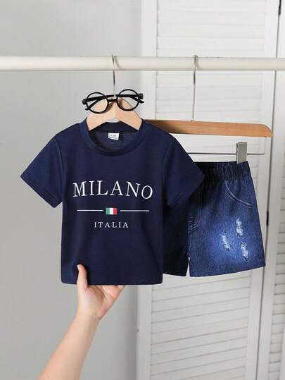 Baby Boys' Minimalist Print Round Neck Short Sleeve Top And Shorts Set