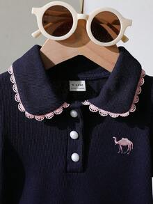 Souflis Souflis Baby Girl Lace Trim Polo Collar Short Sleeve Top, Spring/Summer - Navy Blue - View 9