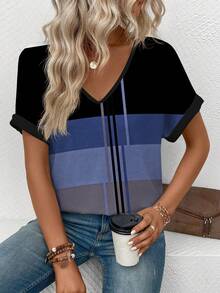 EMERY ROSE 女士宽松V领短袖T恤，休闲拼接印花，适合秋夏季穿着 - 彩色 - 查看 4