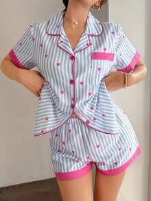 Napfluff Heart Contrast Stripe Cardigan Pajama Set For Women - Blue and White - View 2