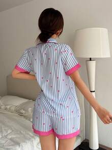 Napfluff Heart Contrast Stripe Cardigan Pajama Set For Women - Blue and White - View 3