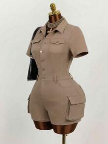 Mistrie Mono vaquero casual con botones para uso diario de mujer - Marrón - Ver 2