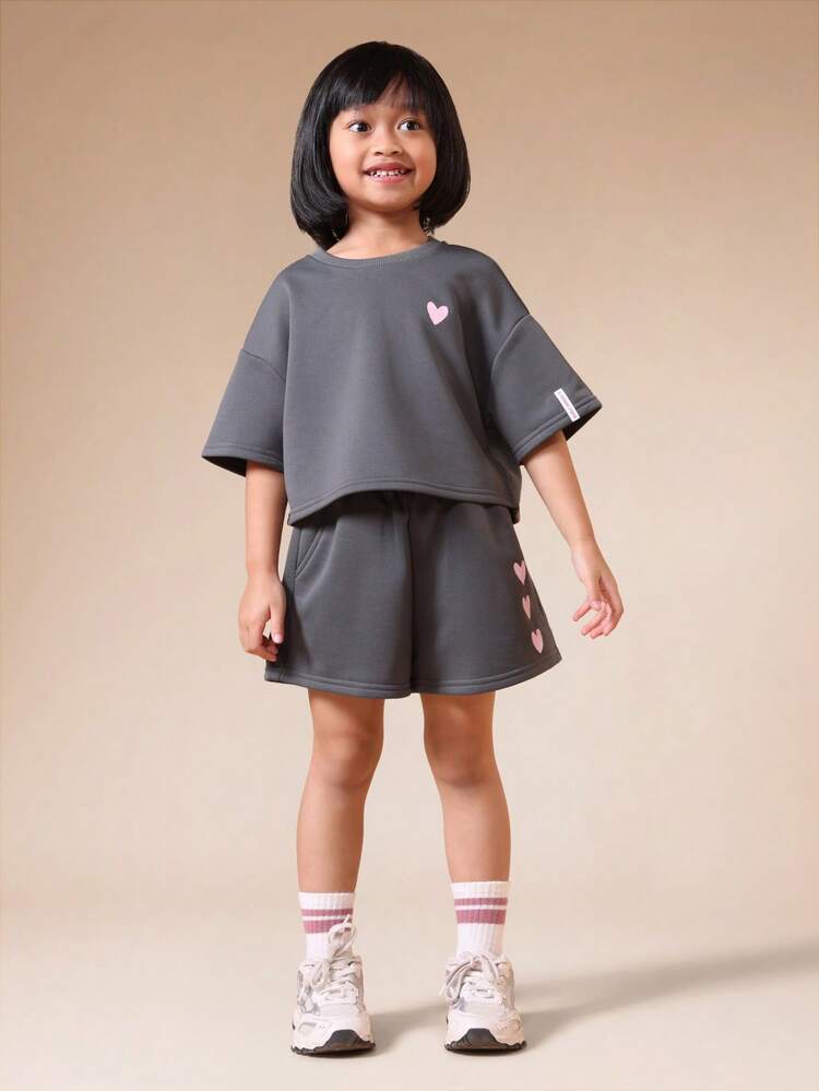 Girls Oversized Crop Sweatshirt And High Rise Shorts Set With Lifestyle Statement Print Back Casual Coordinate Outfit Spring Summer
