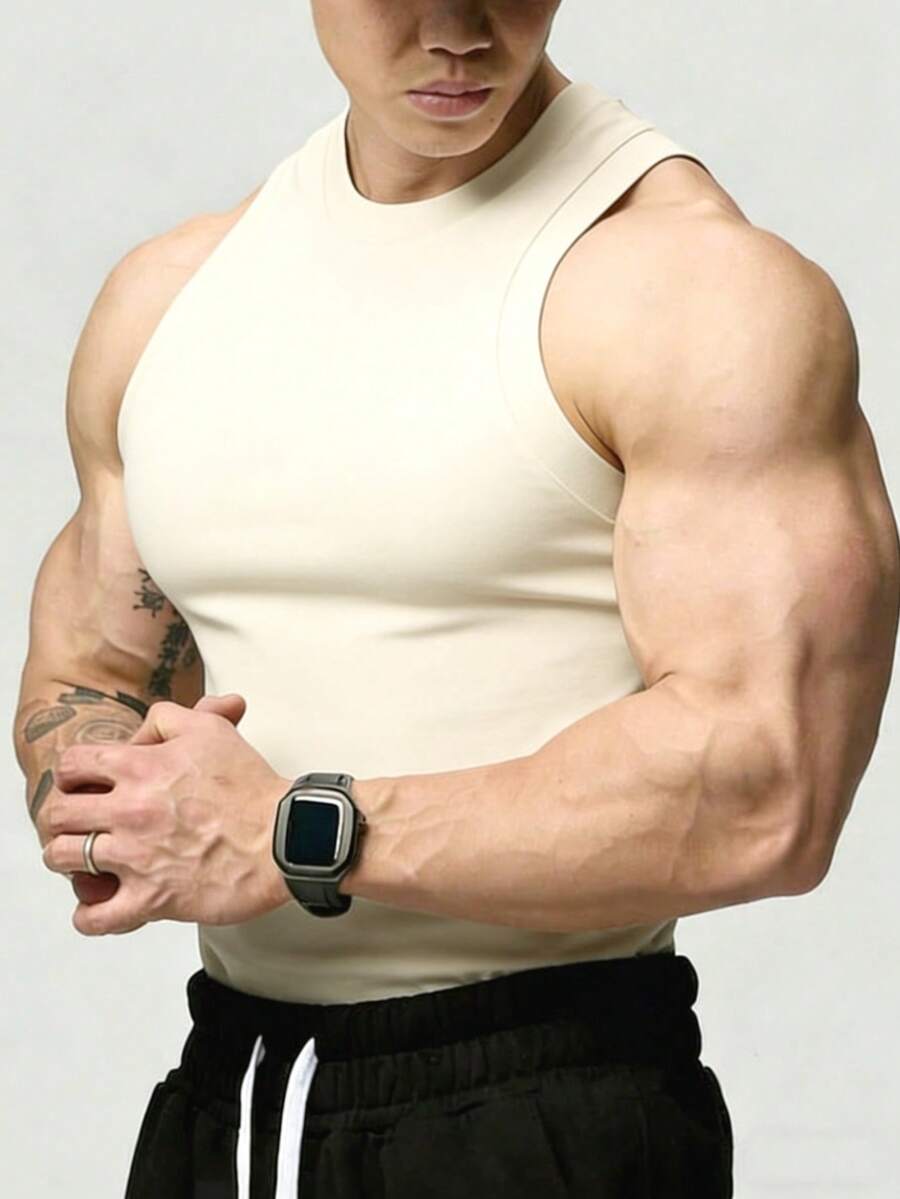 GymBeat Men's Solid Color Round Neck Casual Fitness Workout T-Shirt - Apricot - View 1