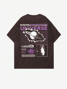 ROMWE MEN Street Life 男士圆领字母印花休闲百搭日常短袖T恤 - 棕色 - 查看 1