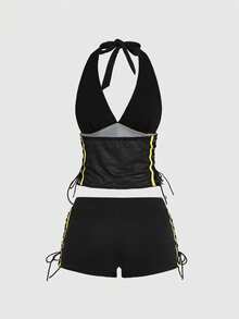 ROMWE Grunge Punk 2pcs/Set Sports Style Racerback Tank Top And Super Low-Rise Shorts For Women - Black - View 5