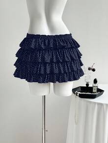 Elamini Spring Cute Polka Dot Low Waist Multi-Layer Ruffle Mini Shorts Skirt For Women - Navy Blue - View 2