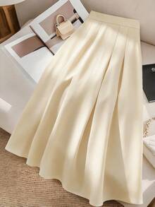 Modelyn Falda plisada de cintura alta de unicolor, elegante, de moda y versátil - Albaricoque - Ver 2