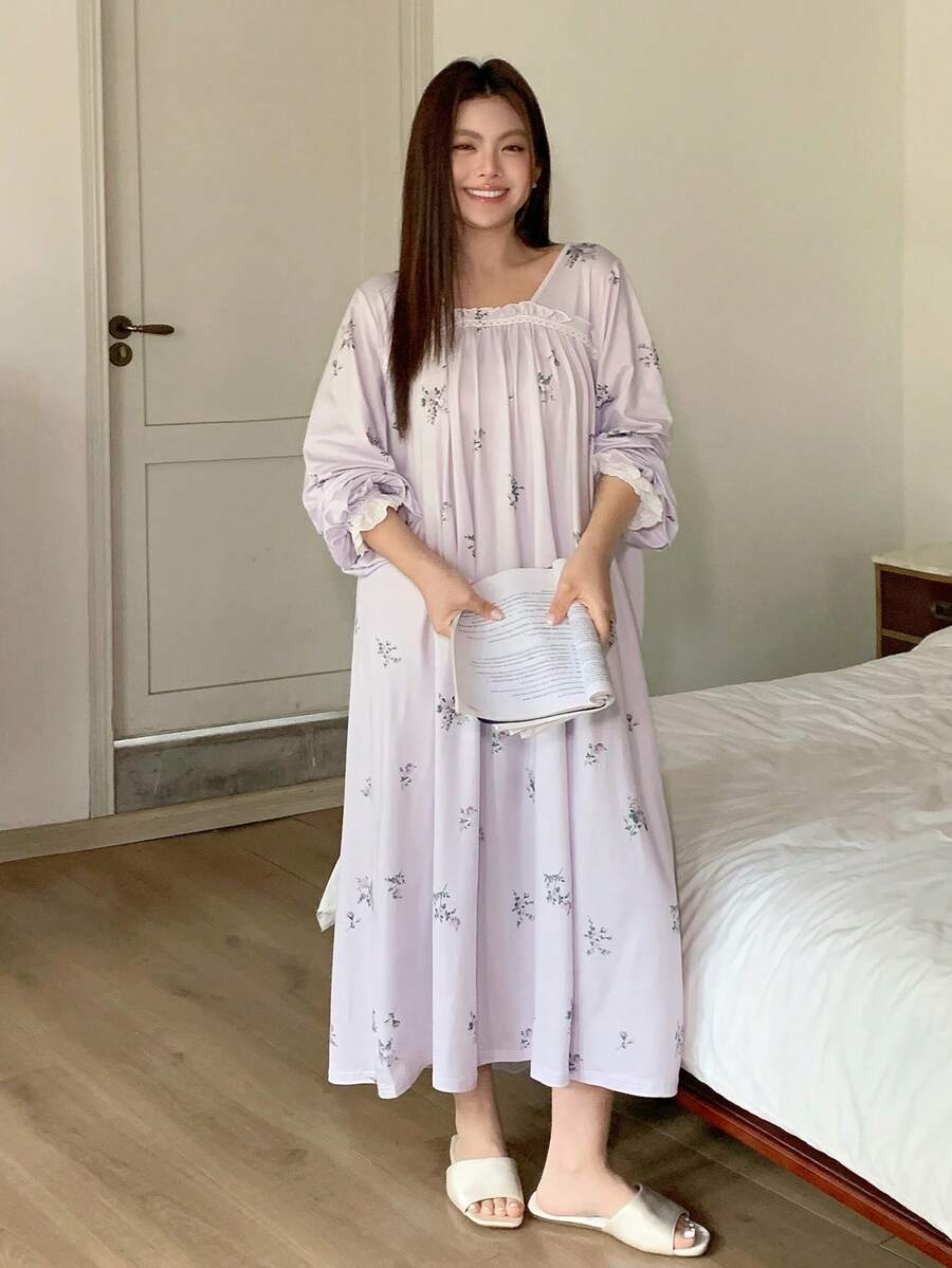 Dazy Plus Chemise de nuit ample à col carré et manches longues avec imprimé floral délicat pour femmes grandes tailles, pyjama élégant pour le printemps/l'automne - Rose saumon - Voir 1