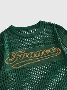 ROMWE MEN Street Life Áo nam mùa hè thời trang đường phố, họa tiết chữ cái và ngôi sao, chất liệu jacquard khoét rỗng, hơi xuyên thấu. - Màu xanh lá cây đậm - Xem 3