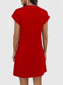 INAWLY English Tower Pattern Round Neck Short Sleeve Women's Dress For New Year Clothes - Red - View 2