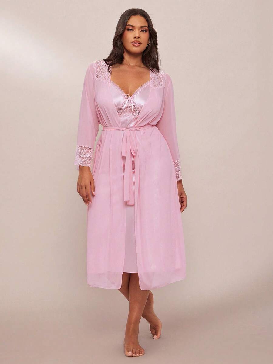SHEIN BAE Set de 2 piezas de bata y camisón de pijama con parches de encaje de lujo, talla grande - Rosa - Ver 1