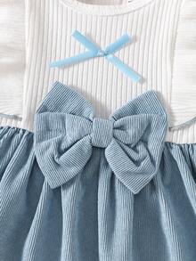 新生女宝宝白色无袖蕾丝领拼接粉色蝴蝶结连衣裙，新款优雅复古可爱面料舒适 - 藍色 - 查看 5