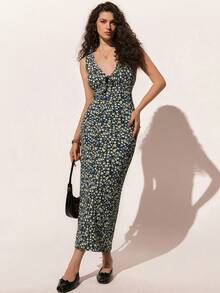 Poéselle Women's Elegant Knotted Waist Full Print Long Party Dress,Summer Dresses For Women Zanea Dress For Woman Occasion Dresses For Women New In Dresses Ladies Dresses Z9v7r Ladies Dresses - Blue - View 3