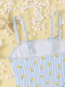 SUMWON 女童柠檬印花条纹连体泳衣，荷叶边下摆设计，可调节肩带，适合夏季海滩泳池度假 - 淺藍色 - 查看 3