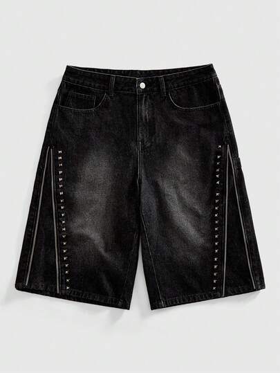 ROMWE MEN Quần short jeans nam dáng suông, ống đứng, lửng, đã qua xử lý giặt và đính đinh tán.