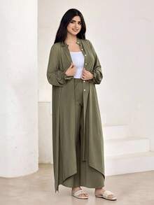 Veilorie Women's Solid Color Front Button Asymmetric Hem Long Sleeve Top And Pants Elegant 2 Pieces Set - Army Green - View 14