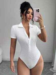 SHEIN Elenzya 女士休闲纯色短袖连体衣，夏季 - 白色 - 查看 1