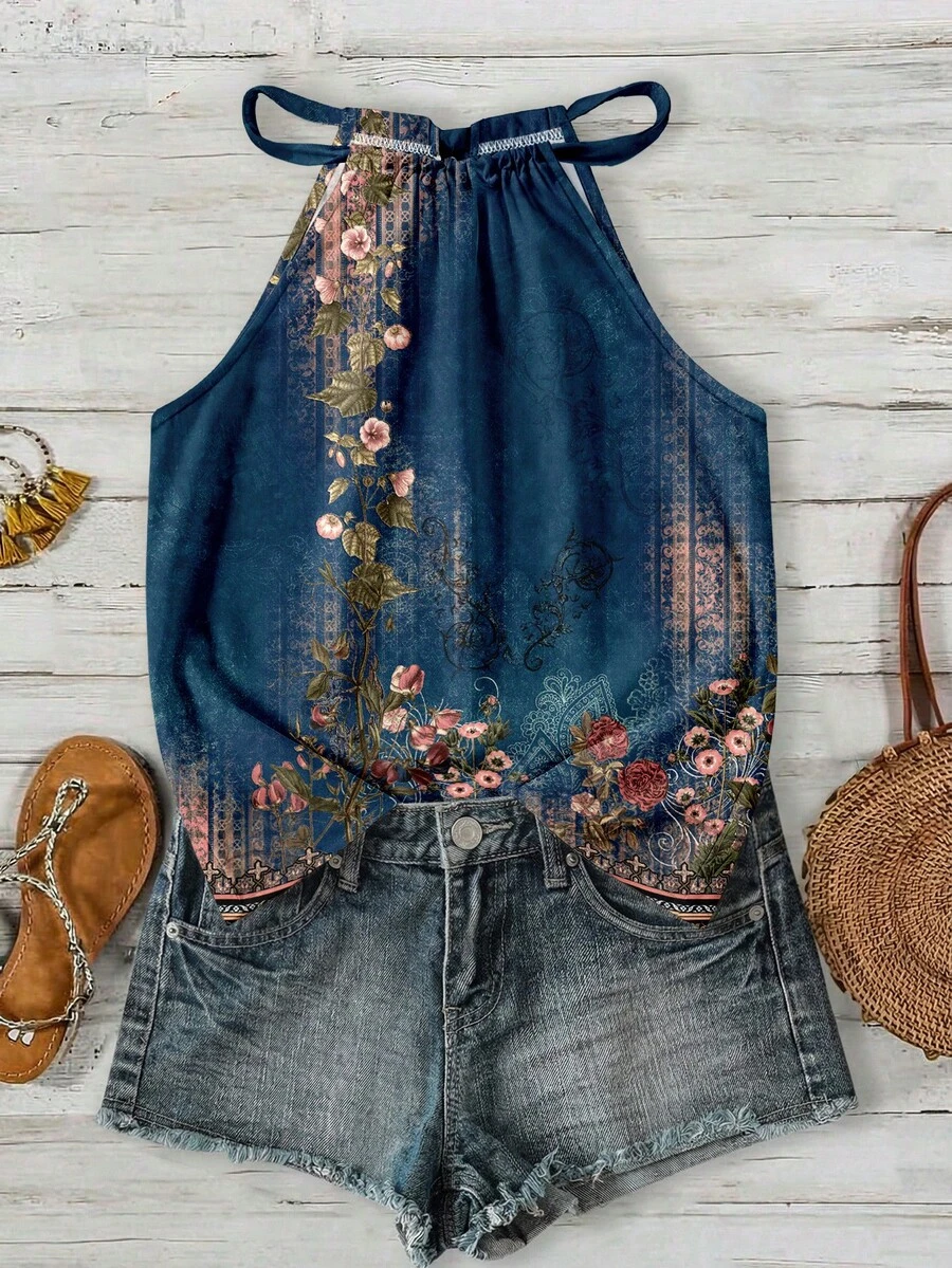 SHEIN LUNE Áo tank top cổ yếm nữ kiểu dáng tối giản, họa tiết hoa retro, thích hợp cho mùa xuân/hè. - Nhiều màu - Xem 1