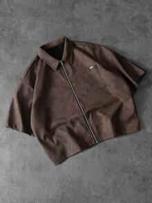 PAVTROS Men's PU Leather Texture Short Sleeve Shirt - Brown - View 5