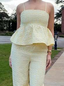 Bethéva 2件套女士优雅提花吊带背心和裤子套装，夏季 - 黃色 - 查看 3