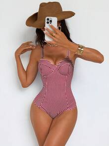 Shapewave Women's Red And White Stripe Summer Conservative Beach One-Piece Swimsuit,Tummy Control Push-Up Bathing Suit,Patchwork Drawstring Backless Back Tie - Red and White - View 7
