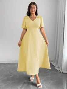 SHEIN Elenzya 大码纹理蝴蝶结V领短袖连衣裙，优质连衣裙，畅销连衣裙，女士正装连衣裙，优雅经典款 - 黃色 - 查看 7