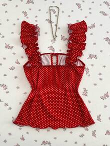 Elamini Áo thun nữ cổ vuông tay bồng in chấm bi đỏ, ôm sát, hở lưng, thích hợp cho mùa xuân/hè, đi nghỉ mát, đi biển, thanh lịch, ngọt ngào, dễ thương, cổ điển, dạo phố, hẹn hò, tối giản, đi làm, đa năng. - Đỏ - Xem 2