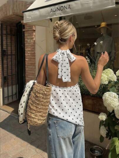 Pariaura Damestop met Y2K-thema uit 2026, halternek, stippen, mouwloos, lichtgewicht, cropped model van chiffon met strikdetail op de rug. Leuk, vrouwelijk, geschikt voor de zomer, vakantie en dagelijks gebruik.