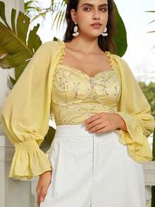 VOLUPTÉ CURVE Plus Size Spring/Summer Light Yellow Lace Mesh Tulle Square Neck Long Sleeve Waist-Cinching Ruffle Embroidery Short Sweet Top For Date, Party - Yellow - View 8