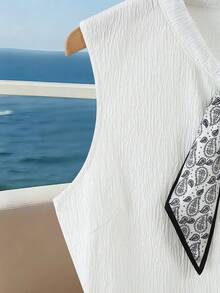 Franclia Women's Textured Fabric Pearl Button Collar Tie Ribbon Elegant Blouse - White - View 5