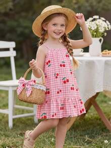 1件适合4-7岁女童的甜美可爱/活力少女风樱桃格子印花无袖连衣裙，轻盈透气，活泼吸睛，适合日常穿着、上学、生日派对、野餐、儿童节、春夏秋季等场合。 - 彩色 - 查看 1