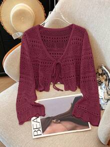Franclia New Solid Color Hollow Crochet Lace Lightweight Cardigan, Versatile Outerwear For Women - Burgundy - View 4
