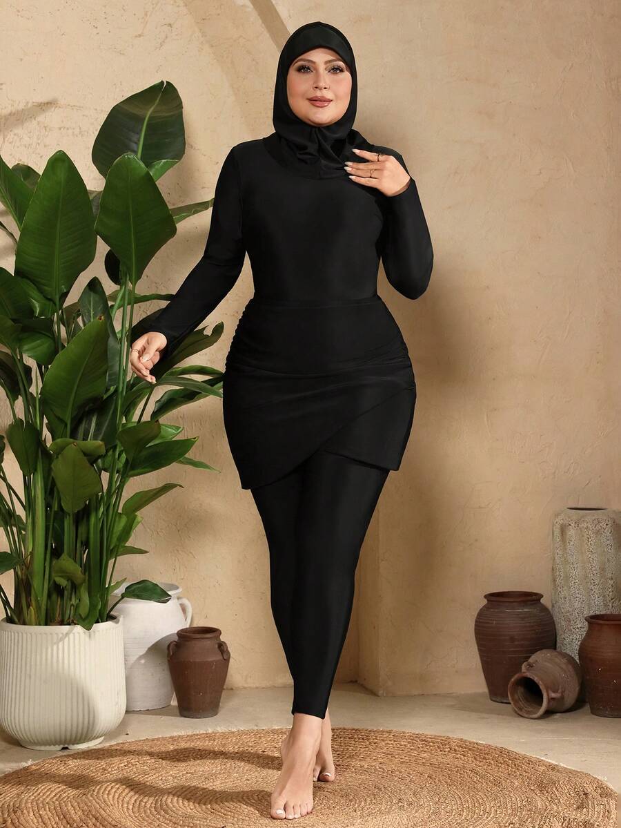 Swim Mulvari Bộ bikini Burkini cỡ lớn, màu trơn, thích hợp cho bãi biển và kỳ nghỉ. - màu đen - Xem 1