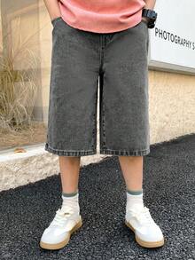 SHEIN 青少年男孩时尚复古休闲棉质弹力腰带口袋牛仔短裤，适合日常穿着，春夏皆宜，也适合锐舞派对和海滩活动。 - 黑色 - 查看 5