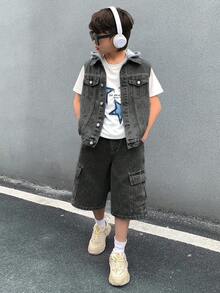 SHEIN 两件套青少年男童时尚休闲Y2K复古酷炫街头基础款简约舒适蓝色牛仔针织连帽无袖背心和舒适宽松牛仔短裤两件套，适合青少年男童日常穿着，也适合儿童春夏派对、节日和街头服饰。 - 黑色 - 查看 3