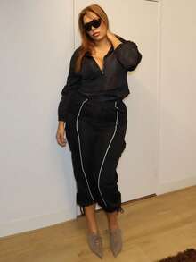 MelDlgn Plus Size Women Elastic Waist Drawstring Cargo Pants With Hem Embellishment Fall Cloth For Women - Black - View 5