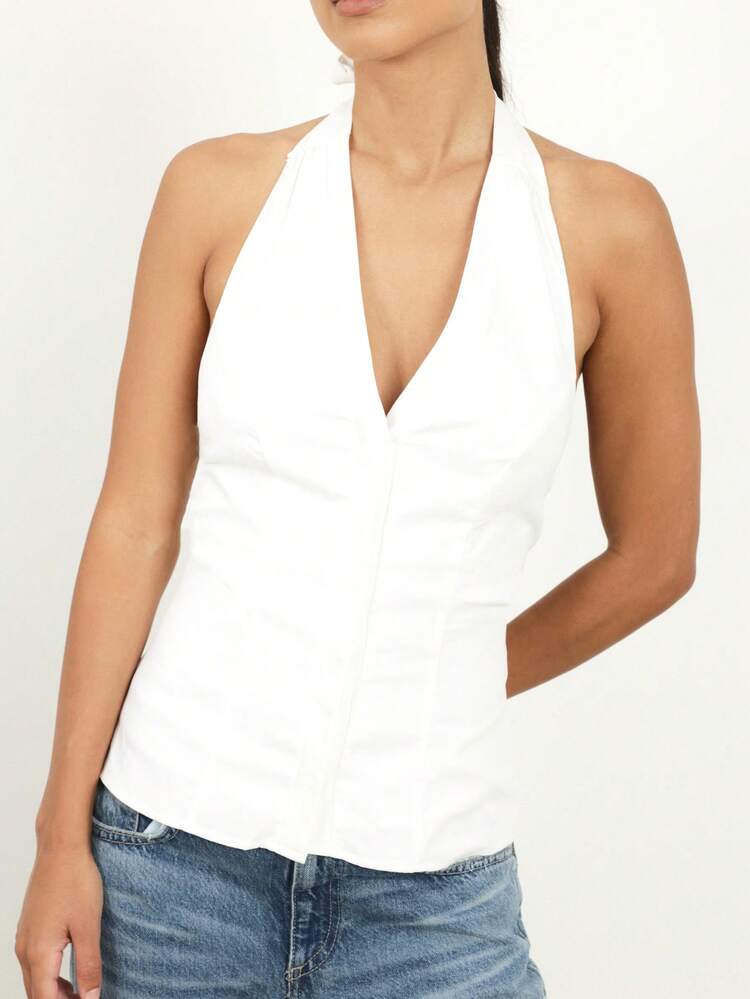 KSTM Women's White Halter Neck Vest Top With Deep V-Neckline And Bow Tie Back Detail Sleeveless Summer Top