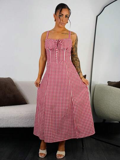 SAYEHFBABY 女士格子吊带中长连衣裙，时尚适合夏季