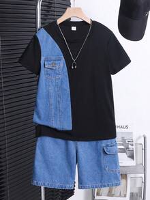 SHEIN 2件套儿童/青少年男童休闲百搭舒适圆领宽松短袖针织T恤和牛仔短裤套装，适合返校穿着 - 彩色 - 查看 4