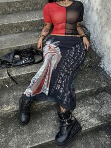 Whyspr 休闲优雅简约中式唐装网纱印花修身中长连衣裙，适合大码女性 - 黑色 - 查看 5