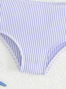 SHEIN Baby Girls' Minimalist Striped Children's Bikini Set, Ruffled Strap Tankini Swimsuit, Summer Cooling Style - Purple - View 5