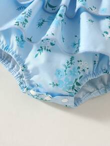 SHEIN Vintaside Kids BABYGIRL Summer Spaghetti Strap Romper With Ruffled Hem, Playful Design For Everyday Wear - Baby Blue - View 3