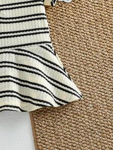 SHEIN Baby Girl Textured Black & Beige Striped Collared Short Sleeve Polo Dress, Preppy Style, Suitable For Spring, Summer, Autumn - Black - View 6