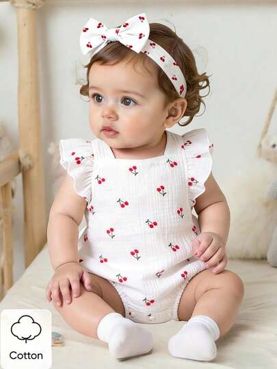 Vintaside Kids 新款夏季女婴棉质绉纱连衣裙，荷叶边下摆，无袖设计，简约休闲的樱桃图案露背三件套。附赠可爱发带。适合居家休闲、学步或购物穿着。