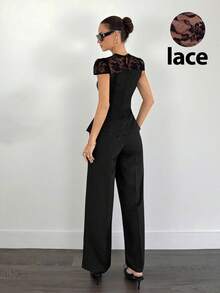 Siren Gaze Elegant Black Summer Lace-Trimmed Top And High-Waisted Wide-Leg Pants 2 Pieces Set,Women's Stylish Commuter Office Suit,Party Night Casual Formal Wear - Black - View 2