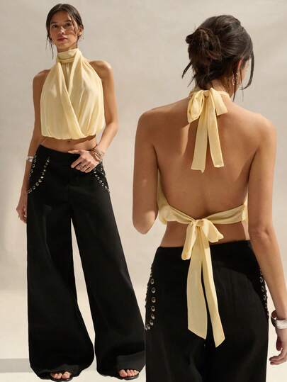 Easelle Women's Rivet Decor Casual Versatile Daily Wear Wide Leg Pants Tie Back Top Backless Halter Top Backless Shirts Backless Tops Scarf Top