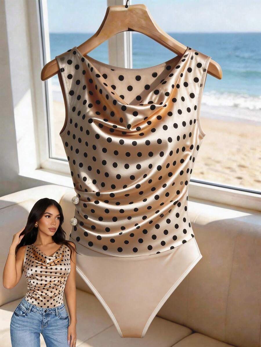 Franclia Áo liền thân nữ chấm bi xếp ly, kiểu dáng thường ngày, đa năng. - Màu be - Xem 1