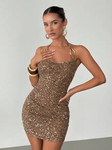 Siren Gaze 新款春夏亮片紧身迷你夜店连衣裙（女款） - 棕色 - 查看 4