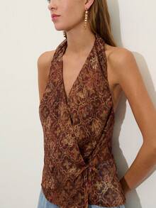 Nöista Top cruzado de cuello halter con estampado en colores marrón y naranja tostado, cierre lateral. Verano Primavera - Marrón - Ver 1